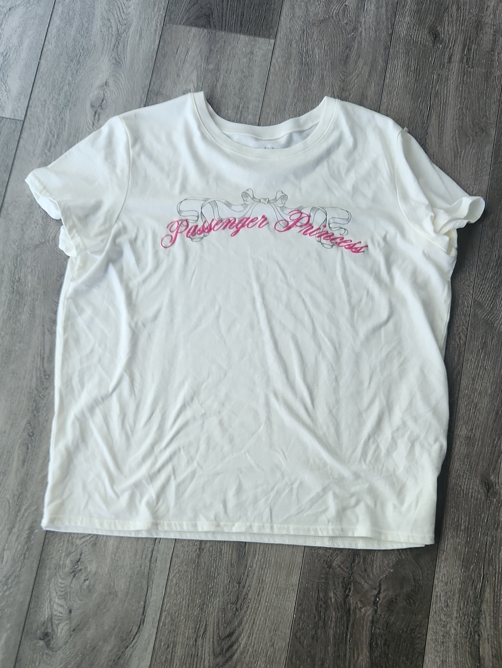 Wound Up White Tee with Pink "Passenger Princess" Script